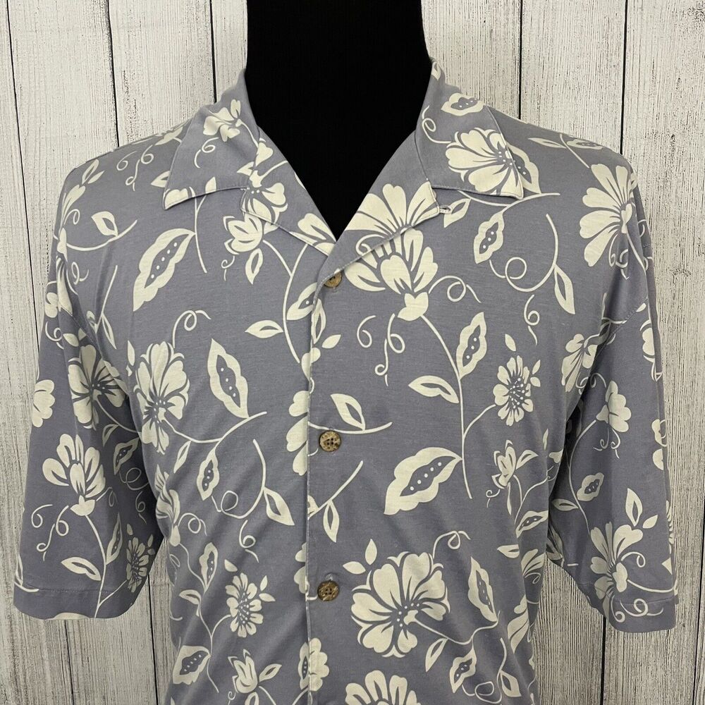 Pusser's Men's Large Purple Floral Silk Blend Short Sleeve Button-Front Shirt